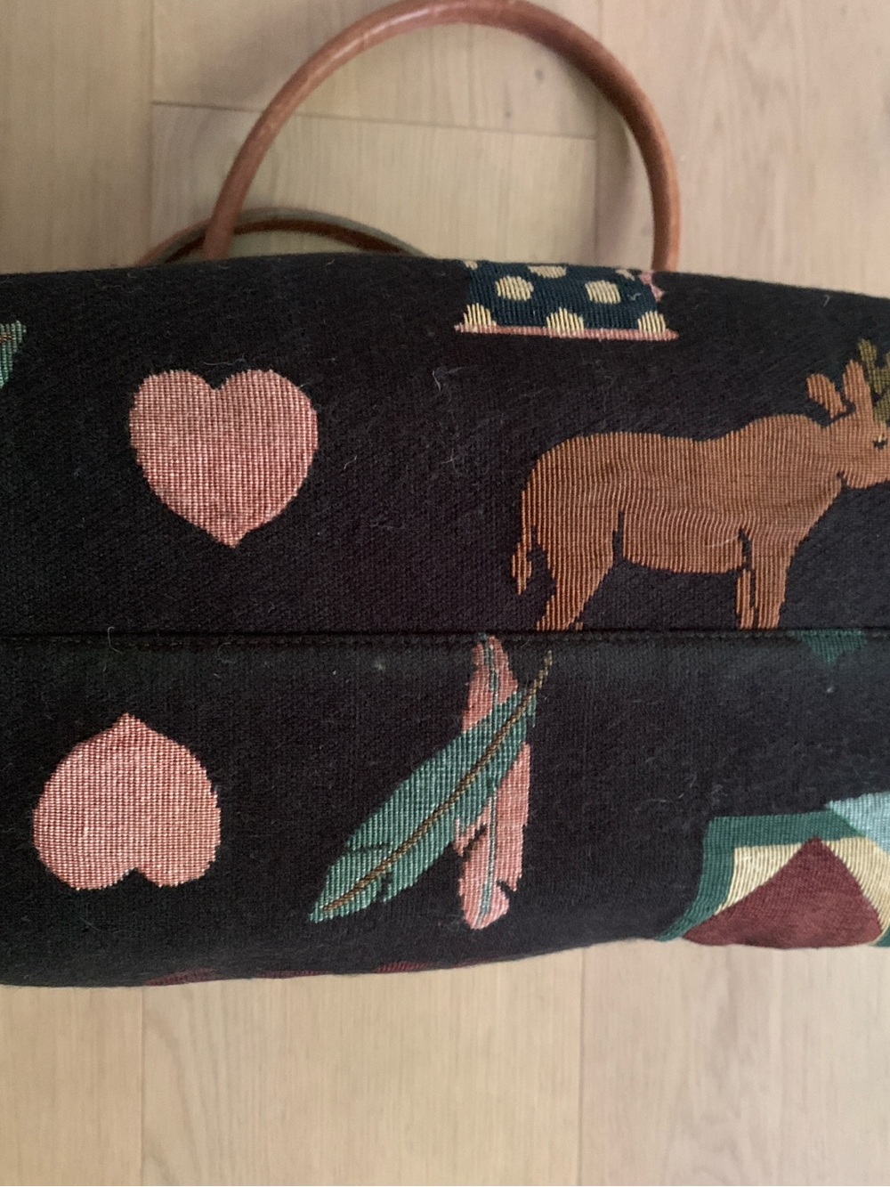 Vintage 90s Orvis Rustic Lodge Tapestry Tote Bag Moose Bear Leather Handles - Picture 9 of 16